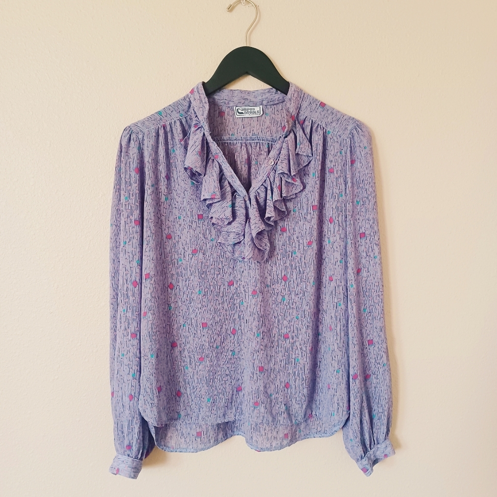 Vintage Retro 70s 80s Purple Print Blouse Sheer Ruffle Long Sleeve Pastel Office